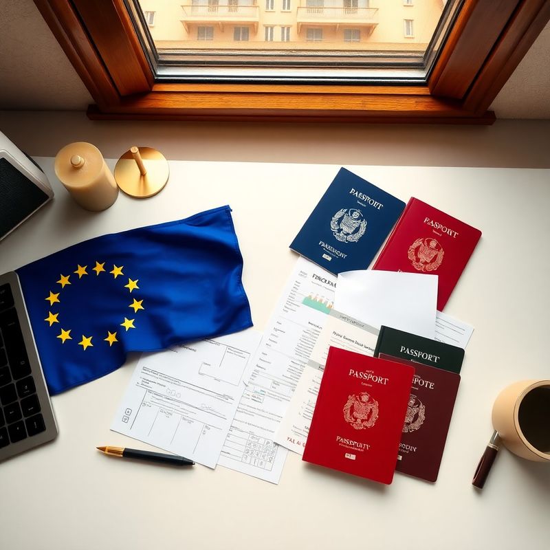 Steag UE alături de pașapoarte europene și documente fiscale pe un birou de lucru